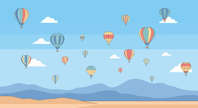 Colorful hot air balloons floating in the sky with landscape below. This illustration depicts travel, adventure, and freedom - Powered by Adobe