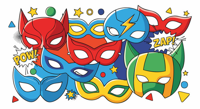 Colorful superhero masks in a pop art style. Comic book elements like 'Pow' and 'Zap' are included