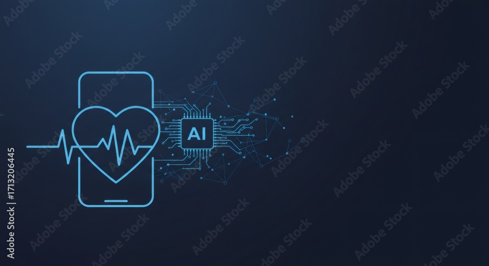 Poster ai processor with connected cell phone showing heartbeat graph. artificial intelligence in healthcar