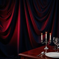 An elegant table set for a romantic candlelight dinner for two against a dramatic curtain backdrop