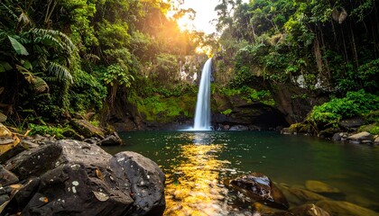 Lush waterfall cascading into a tranquil pool