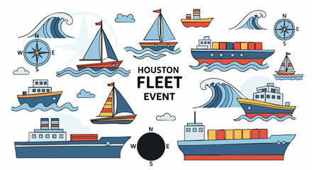 Colorful vector illustration of various cartoon boats, cargo ships, and sailboats with waves and compasses. 'Houston Fleet Event' text is central