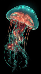 Luminous Jellyfish: An artistic rendering of a mesmerizing jellyfish, its bioluminescent form aglow against the dark backdrop, exhibiting nature's captivating beauty.