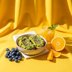 Healthy Avocado Toast with Fresh Orange Juice and Blueberries