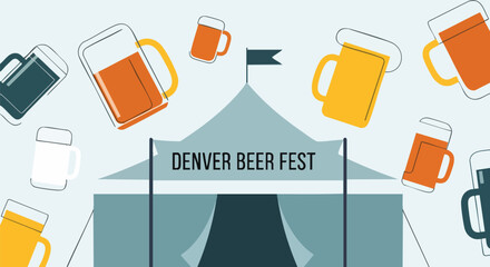 Denver Beer Fest design with beer mugs and tent. Vector illustration for festival, event, advertising, and promotion