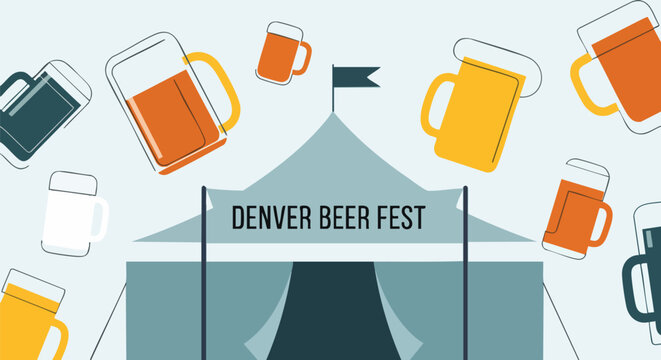 Denver Beer Fest design with beer mugs and tent. Vector illustration for festival, event, advertising, and promotion