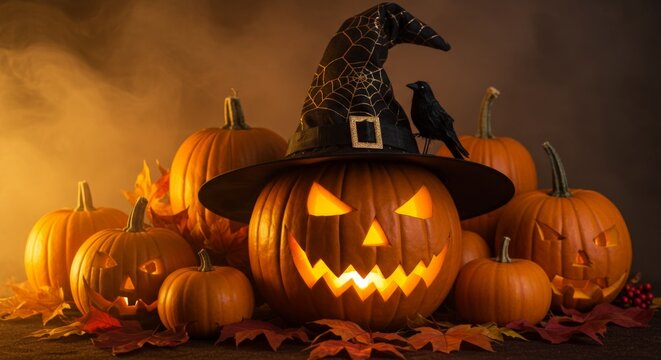Carved pumpkins with witch hat and crow on top