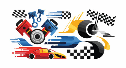 Obraz premium Dynamic vector illustration of racing elements and car parts, representing speed, motion, and competition