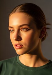 Beautiful young woman with sunlit face, looking away from camera
