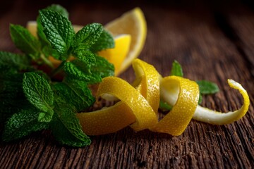 Lemon peel swirls on wood with mint leaves  a lemon wedge