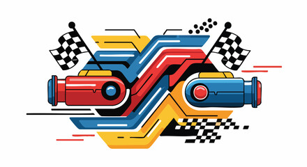Dynamic vector illustration of stylized red and blue race cars speeding with checkered flags