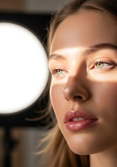 Captivating Portrait of a Young Woman with Glowing Skin, Illuminated by a Dramatic Beam of Light