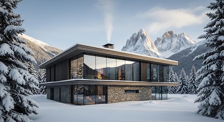 Luxurious Modern House in Snowy Mountain Landscape with Panoramic Windows and Smoking Chimney