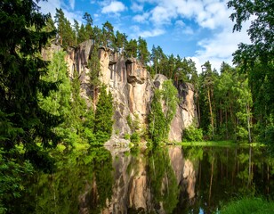 Rocky cliffs reflect in still pond