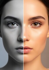 Striking Contrast Woman's Face Split Between Vibrant Color and Classic Grayscale