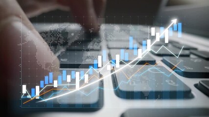 A detailed representation of financial analysis with graphical data on a keyboard, illustrating an upward trend in stock market growth and investment strategies. Copula - Powered by Adobe