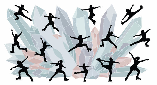 Graceful silhouettes of female figure skaters in dynamic poses, set against an abstract background of cool, geometric crystal shapes, ideal for winter sports themes