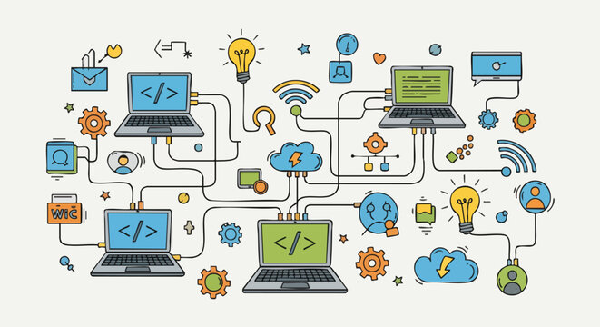 Hand-drawn doodle illustration showing a complex network of interconnected laptops, cloud services, and various technology icons