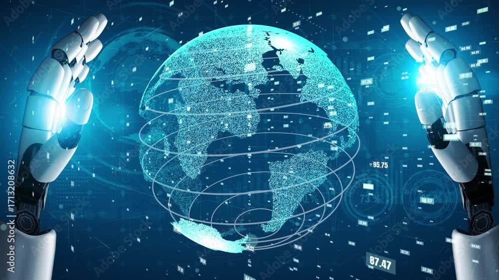 Poster a captivating image of robotic hands gently cradling a glowing earth, set against a backdrop of digi