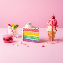 Whimsical sugary confections and delightful desserts create a vibrant, celebratory display of pure joy