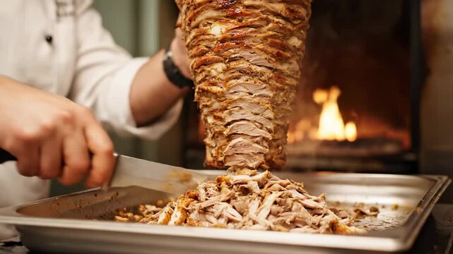 Chef carving shawarma meat thin slices wrap cinematic UHD Middle Eastern food lifestyle stock footage. culinary expert slicing gyro ultra high definition oriental cuisine
