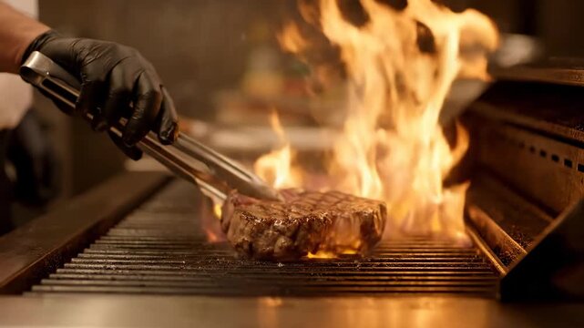 Chef flipping steak hot grill sizzling flames cinematic UHD fine dining food lifestyle stock footage. cook turning beef searing broiler blaze filmic ultra high definition
