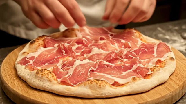 Chef folding thin slices prosciutto pizza crust cinematic UHD Italian cuisine lifestyle stock footage. cook crafting wafer prosciutto flatbread italian gastronomy