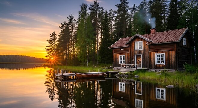 Serene Finnish lakeside cabin at sunset with a wooden rowboat docked and trees reflecting in the calm water