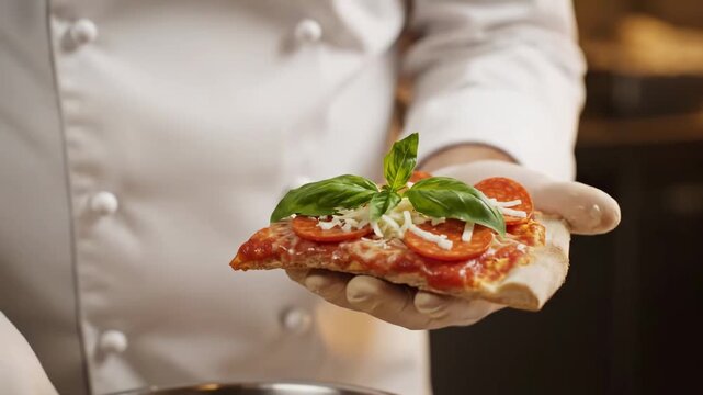 Chef layering toppings New York style pizza slice cinematic UHD global food lifestyle stock footage. cook arranging garnish flatbread portion worldwide culinary