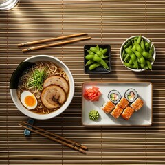 An overhead view of a traditional Japanese meal with a steaming bowl of ramen and fresh sushi
