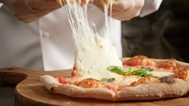 Chef stretching mozzarella hot margherita pizza slice cinematic UHD Italian food lifestyle stock footage. cook pulling cheese warm flatbread portion filmic ultra high definition