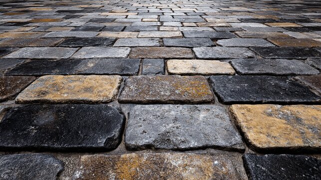 Close-up view of a cobblestone pavement.  Various shades of gray, dark brown, and muted orange rectangular stones form a textured surface, angled slightly toward the viewer