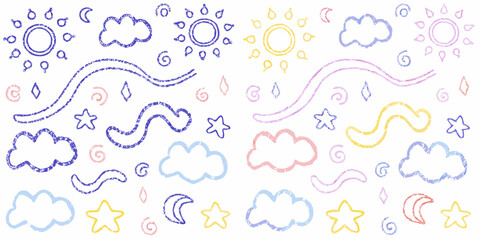 Whimsical hand drawn sky elements in pastel colors with textured outline for childrens designs