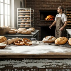 Baker at Work Freshly Baked Bread Displayed on Wooden Table in a Bakery