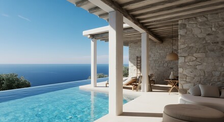 Luxurious stone villa with an infinity pool and shaded terrace overlooking the serene blue ocean on a sunny day