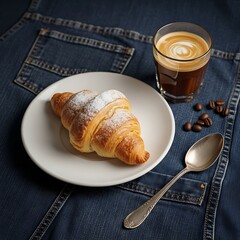 Delicious Golden Croissant Dusted with Sugar, Accompanied by Rich Coffee on a Textured Denim Surface