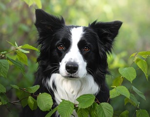 Fototapeta premium A black and white border collie dog gazes intently, framed by lush green foliage.