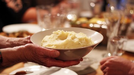 Bowl of creamy mashed potatoes being passed around festive Thanksgiving table. Warm family atmosphere with holiday food and celebration