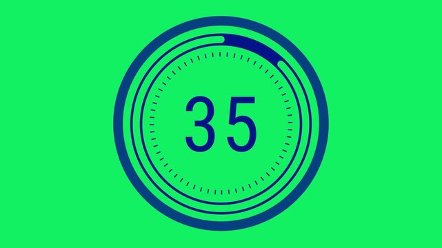 40-second sleek navy countdown with a rotating dashed inner ring, a pulsating outer circle, and a decreasing time gauge on a green screen. 4K Motion Graphics.