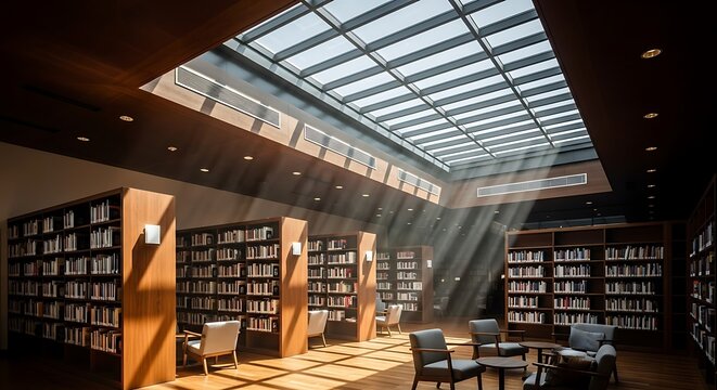 Sunlight Streams Through a Modern Library's Skylight, Illuminating Rows of Bookshelves