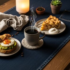 A warm and inviting breakfast scene featuring coffee, a croissant sandwich, and apple pie