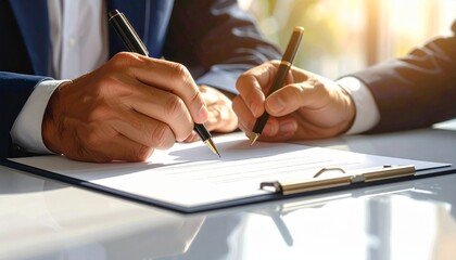 Close-up view of two hands signing a contract in an ambient light setting, symbolizing agreement and collaboration.