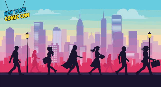 Illustration promoting New York Comic Con shows people walking in silhouette against the city skyline