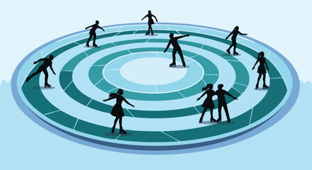 People ice skating on a large circular rink, depicted as dark silhouettes on a teal surface