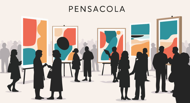 People attending an art exhibition in Pensacola, Florida, viewing abstract paintings. Silhouette style illustration of a modern art gallery