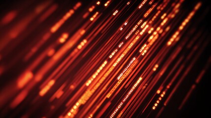 Red glowing lines with digital characters forming futuristic matrix effect. Abstract cyber stream with flowing code and neon streaks. Technology data visualization