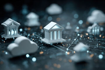 Small white architectural icons sit among soft clouds and a glowing network grid, depicting cloud computing, data exchange, and digital infrastructure.