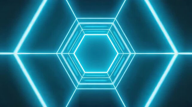 Bright Cyan Neon Hexagon Room Futuristic Geometric Grid with Symmetry and Reflections