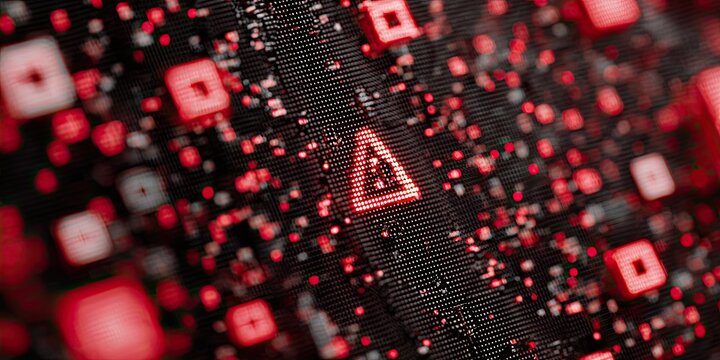 Close-up of a digital circuit board with a red warning triangle