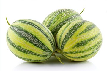Three striped green and yellow honeydew melons are grouped on a white surface